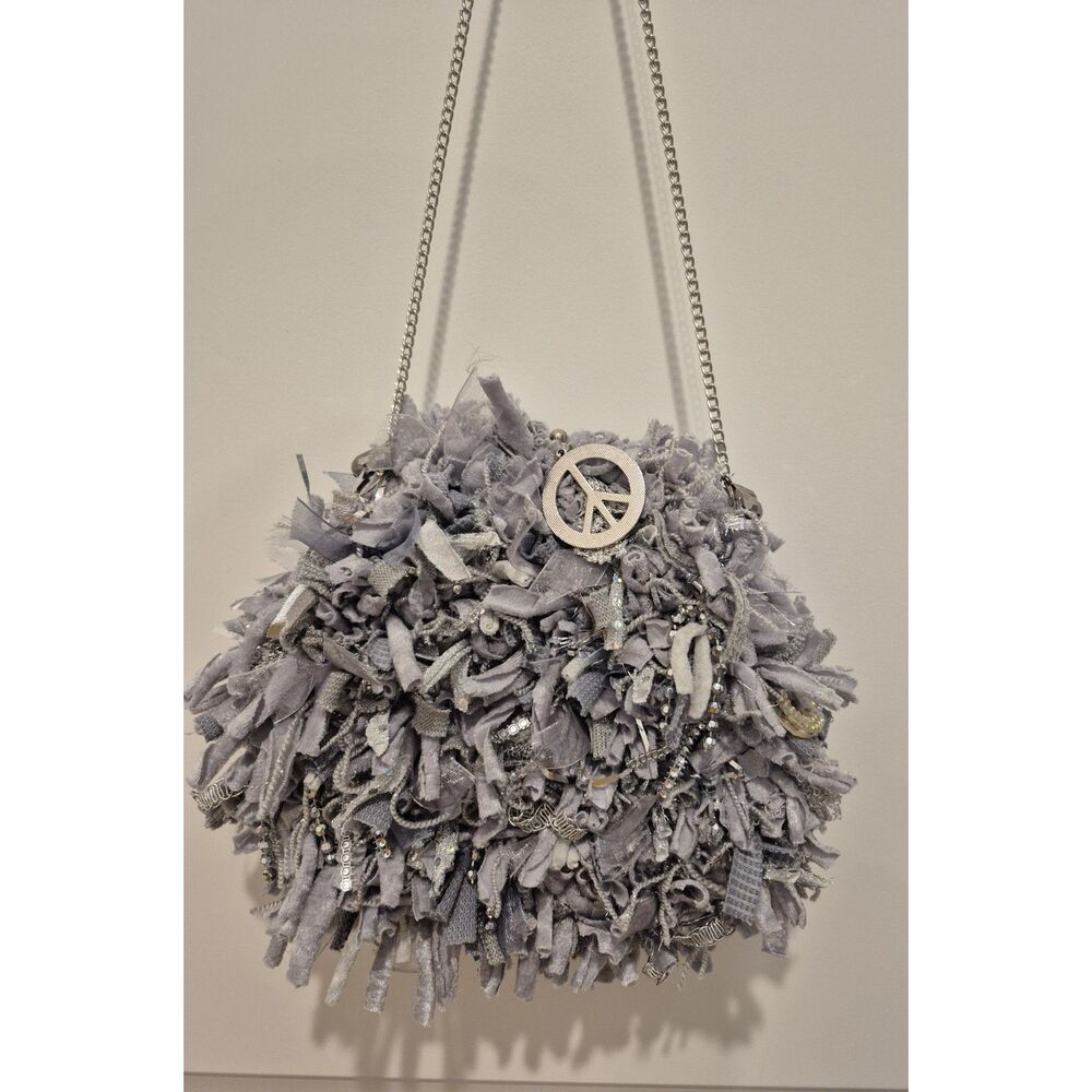 Upcycled Grey Fringe Boho Shoulder Bag-Silver Chain Peace Sign Shag Purse